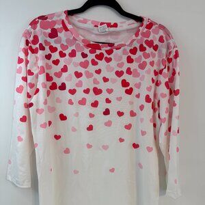 New Size Large Valentine Swoop Neck 3/4 Sleeve White Shirt w/ Pink & Red Hearts